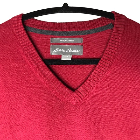 Eddie Bauer Pullover Sweater Red Cotton Cashmere V-Neck Collar Men’s Medium - Picture 3 of 11